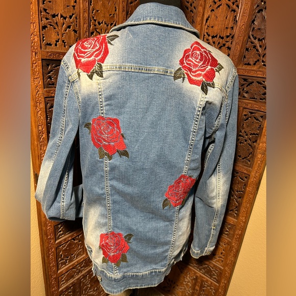 LuLaRoe Jaxon Floral Rose Embroidered Denim Jean Jacket - Picture 6 of 7